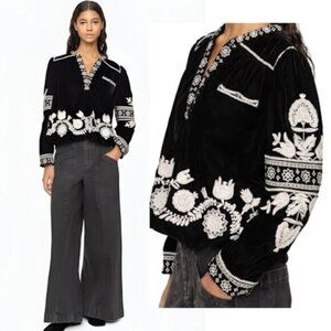 NWT Sea New York Irene Embroidered Velvet Long Sleeve Top Black Size: Large